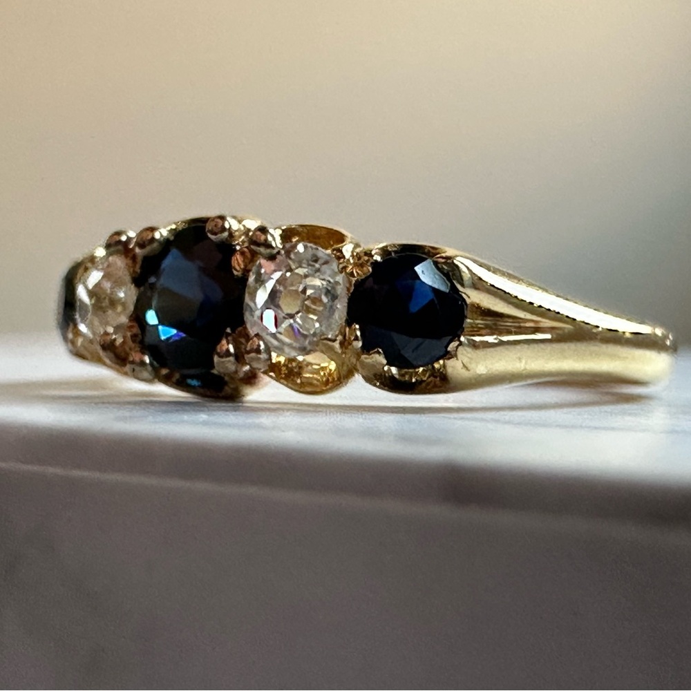 Antique 18K Gold Sapphire & Old Mine Diamond Victorian 5-Stone Ring Size 5.5 - Picture 8 of 15